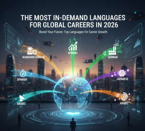 A world map with icons representing different languages, symbolizing a global career.